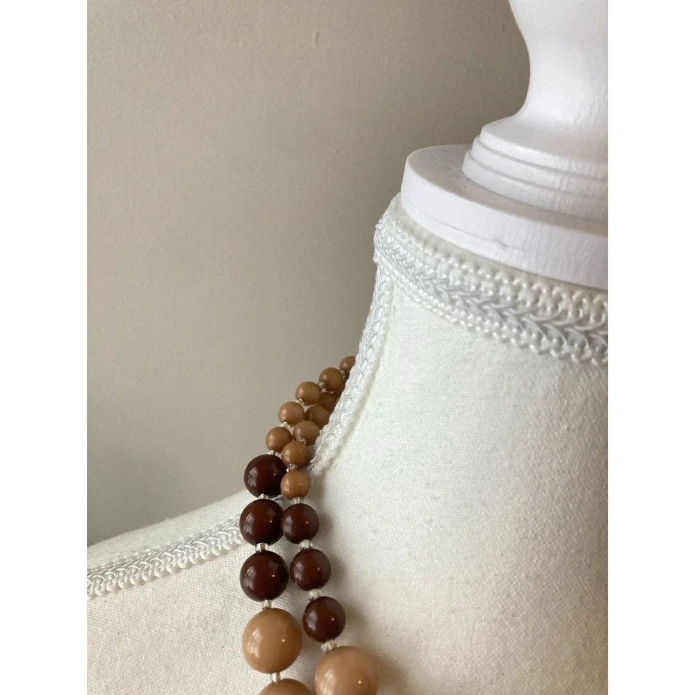 Double Strand Collar Necklace Brown Tan Gray Marbled Beads‎ Chunky Statement